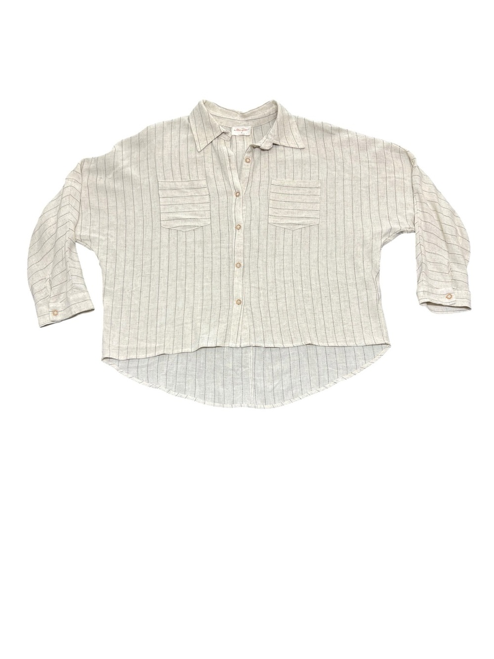 Allie Rose Ivory Gray Striped Linen Blend Button Down Shirt Size Medium - Picture 6 of 9